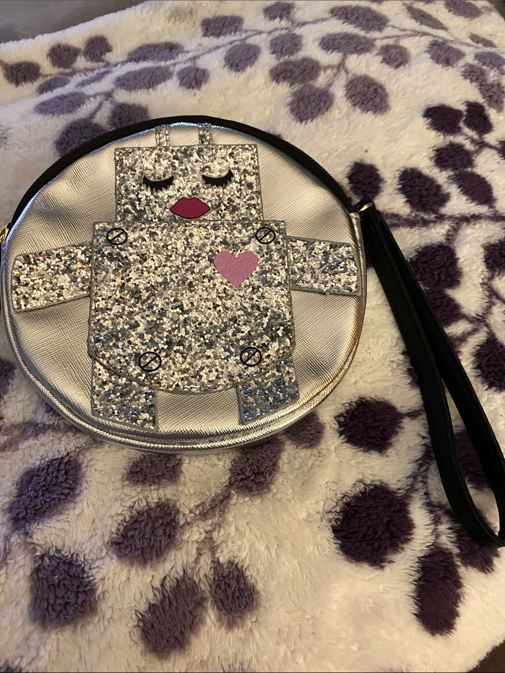 Silver Glitter Tin Man Wristlet Bag with Pink Heart